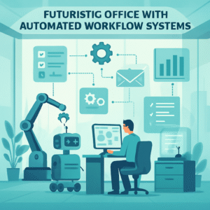 A futuristic office with automated workflow systems